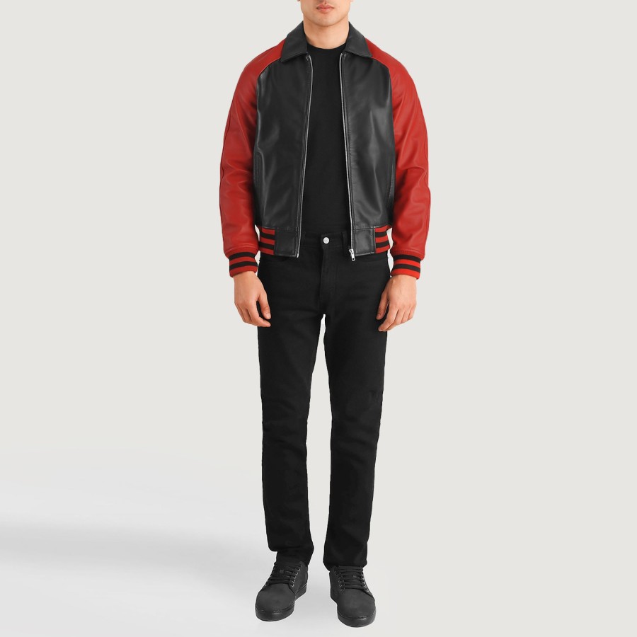 Men TheJacketMaker | Walton Black & Red Leather Varsity Jacket