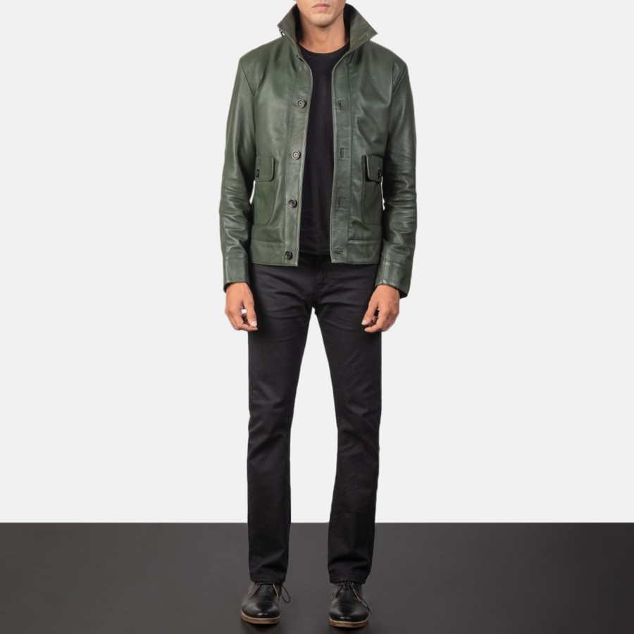 Men TheJacketMaker | Columbus Green Leather Bomber Jacket