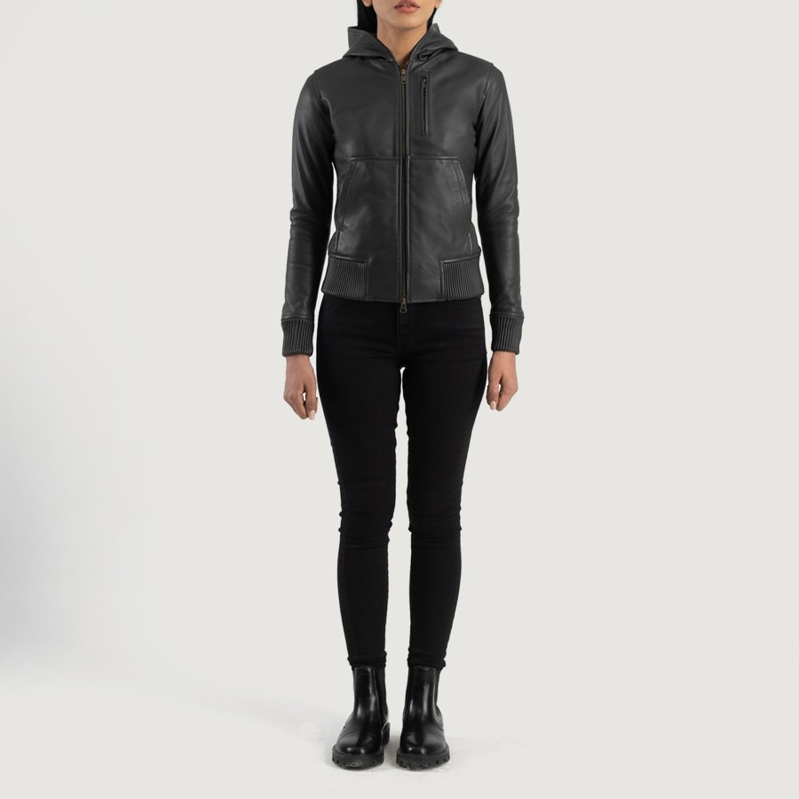 Women TheJacketMaker | Luna Black Hooded Leather Bomber Jacket