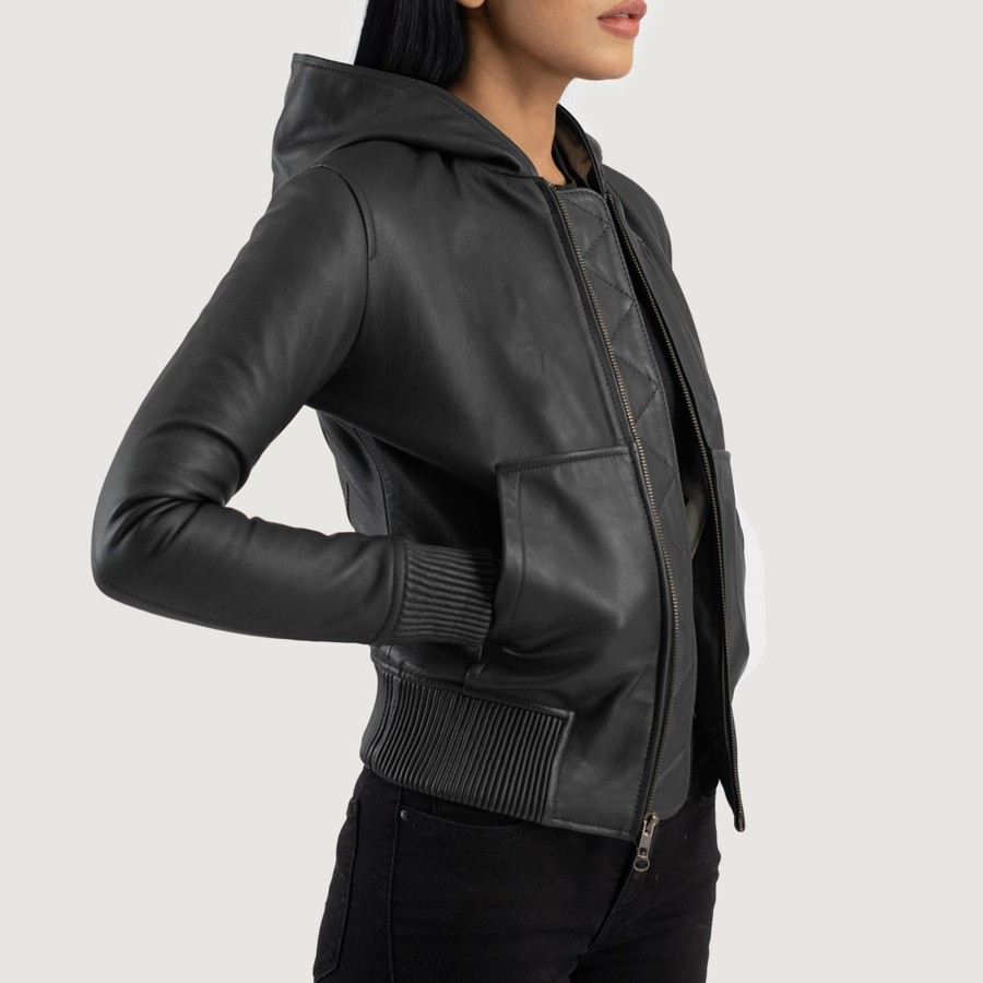 Women TheJacketMaker | Luna Black Hooded Leather Bomber Jacket