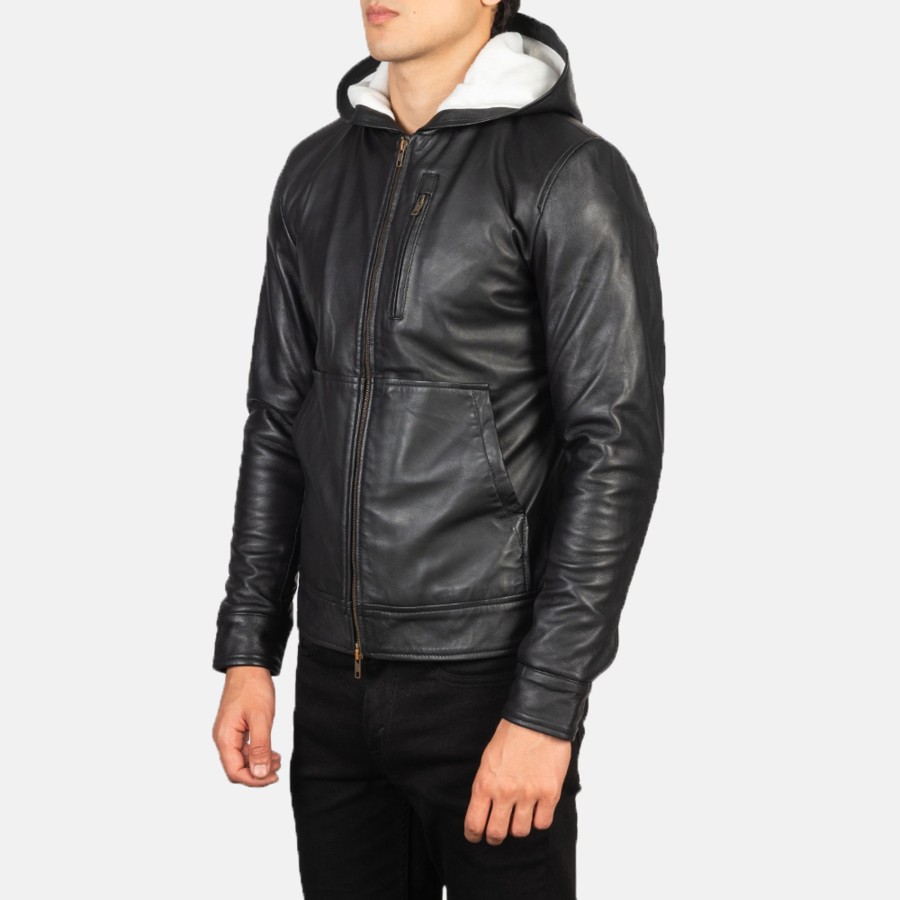 Men TheJacketMaker | Baston Black Hooded Leather Bomber Jacket