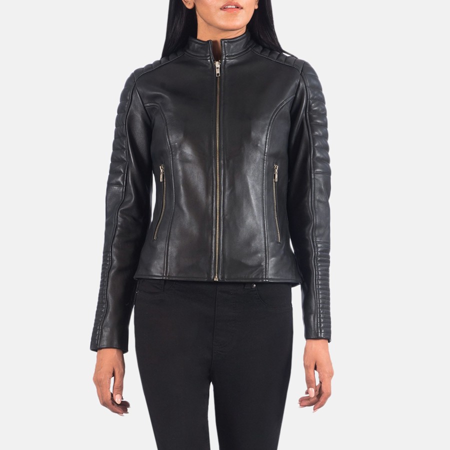 Women TheJacketMaker | Adalyn Quilted Black Leather Biker Jacket